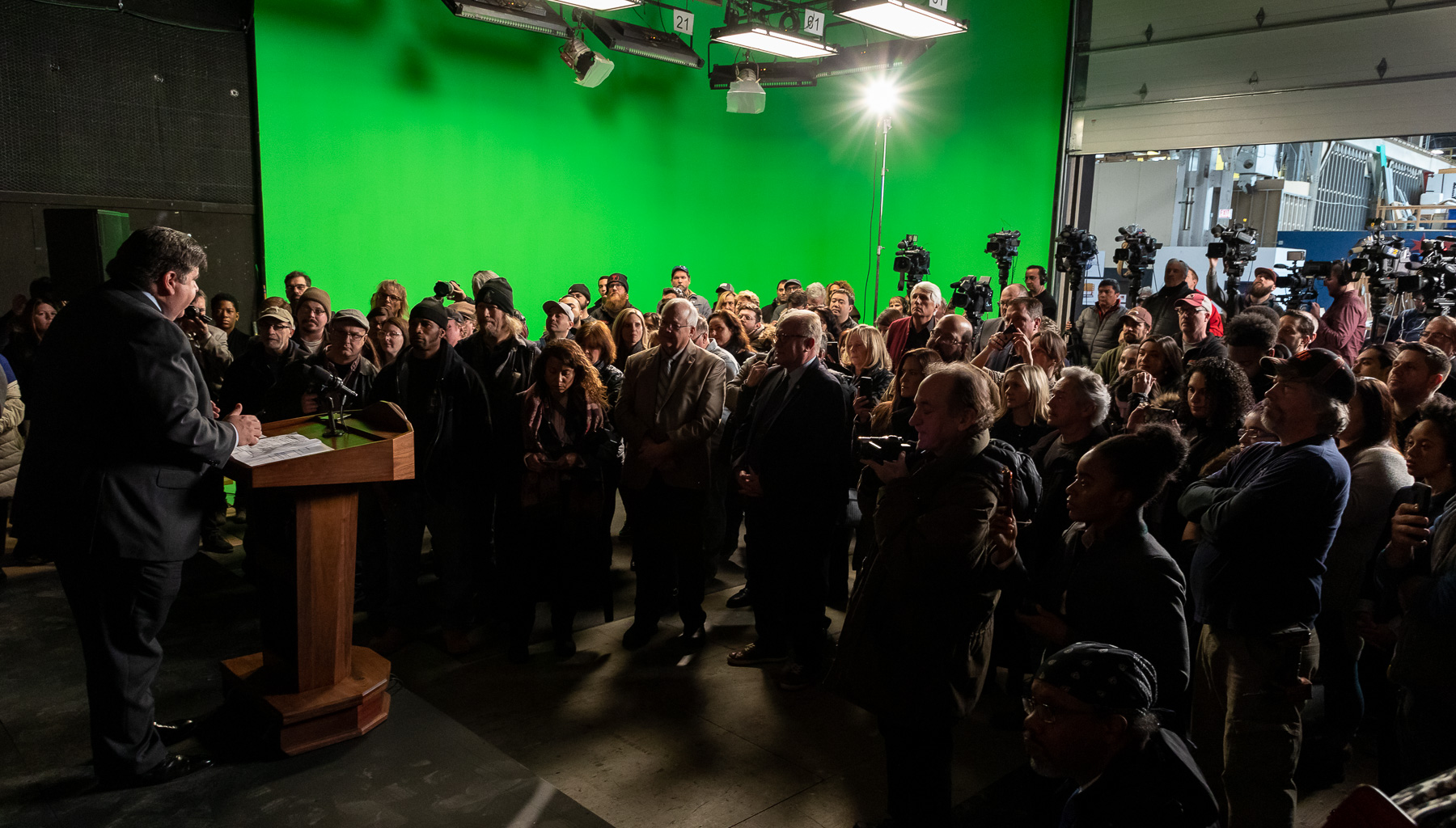 Illinois Governor JB Pritzker speaks during a visit to Cinespace Chicago Film Studios and DePaul University’s School of Cinematic Arts, Thursday, Feb. 28, 2019. (DePaul University/Jeff Carrion)